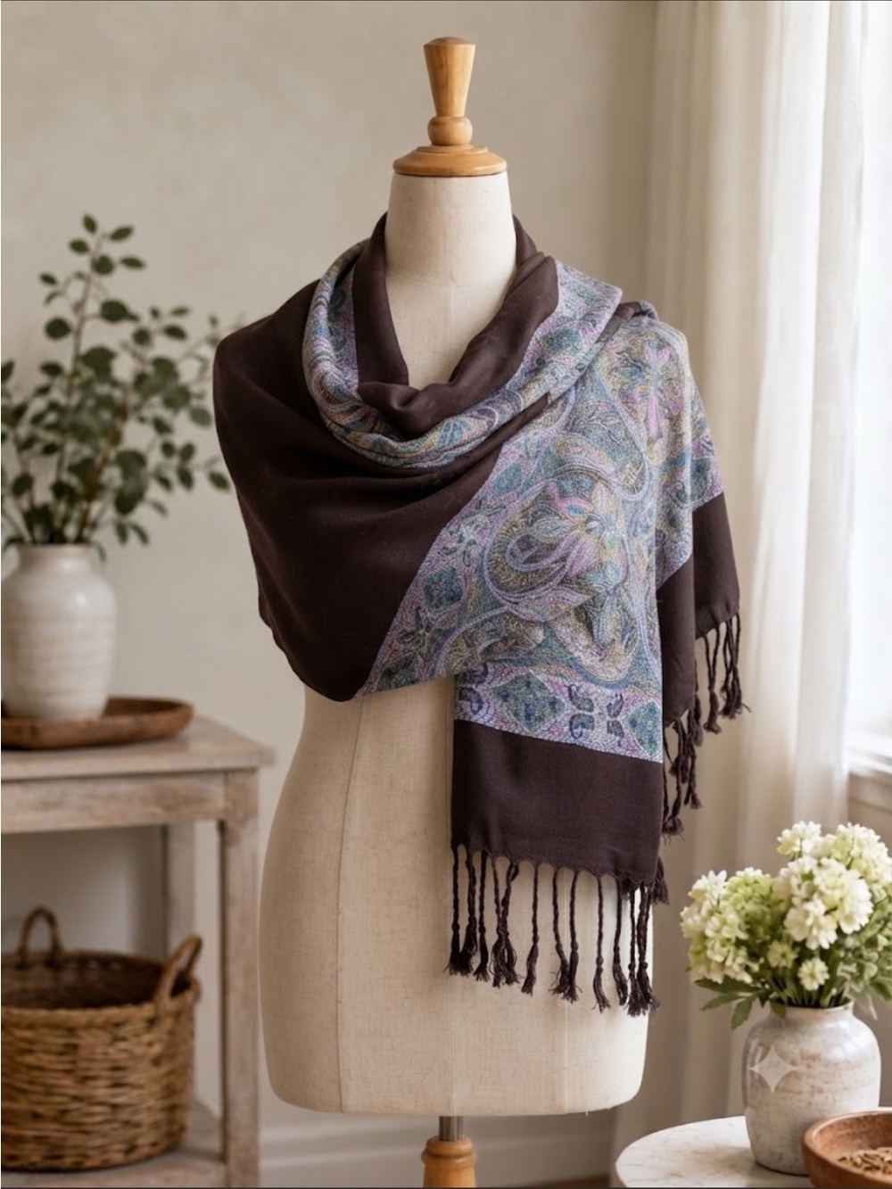 Vintage Pashmina Style Dark Brown Blue Pink Paisley Fringe Scarf Shawl
